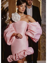 PUFF ASYMMETRIC MINI DRESS IN PINK styleofcb