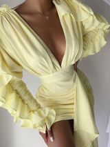 Samara Yellow Draping Ruffle Sleeve Dress Dresses Oh CiCi