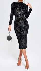 ZEBRA-PATTERN LONG-SLEEVED MIDI DRESS IN BLACK styleofcb