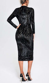 ZEBRA-PATTERN LONG-SLEEVED MIDI DRESS IN BLACK styleofcb