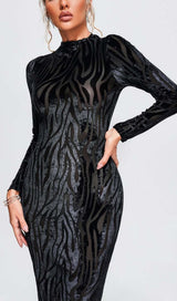 ZEBRA-PATTERN LONG-SLEEVED MIDI DRESS IN BLACK styleofcb