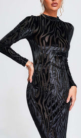 ZEBRA-PATTERN LONG-SLEEVED MIDI DRESS IN BLACK styleofcb