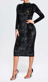 ZEBRA-PATTERN LONG-SLEEVED MIDI DRESS IN BLACK styleofcb