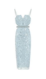 MESH DIAMOND CUT-OUT WAISTLESS SEQUIN SPLID DRESS IN LIGHT BLUE styleofcb