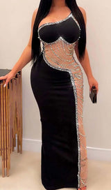 ASYMMETRIC CRYSTAL HEART MIDI DRESS IN BLACK DRESS STYLE OF CB