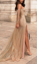 HIGH SPLIT GORGEOUS RHINESTONE DROP SLEEVE DRESS IN CHAMPAGNE styleofcb