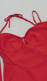 BANDAGE HANGING NECK RUFFLE SLEEVE STRETCH SLIM DRESS RED styleofcb