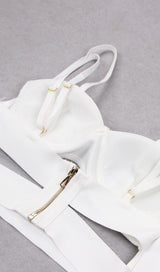 BANDAGE BRIGHT DIAMOND HOLLOW TWO PIECE HALTER WRAP DRESS IN WHITE styleofcb