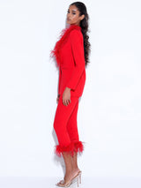 RED BLAZER SUIT WITH FEATHER TRIM Bottoms styleofcb