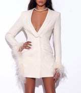 Madeline Pearl White Feather Trim Blazer Dress styleofcb