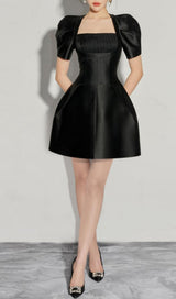 SQUARE NECK PUFF SLEEVE DRESS IN BLACK styleofcb