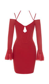 BANDAGE HANGING NECK RUFFLE SLEEVE STRETCH SLIM DRESS RED styleofcb