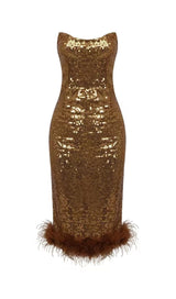 SEQUINED PLUSH SLIM FIT DRESS IN BROWN styleofcb