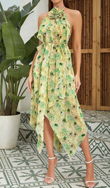 FLORAL PRINT HEM HALTER DRESS IN GREEN DRESS STYLE OF CB