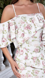 FLORAL-PRINT RUFFLE BANDEAU MIDI DRESS IN WHITE DRESS STYLE OF CB