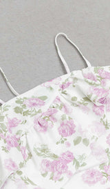 FLORAL-PRINT RUFFLE BANDEAU MIDI DRESS IN WHITE DRESS STYLE OF CB