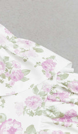 FLORAL-PRINT RUFFLE BANDEAU MIDI DRESS IN WHITE DRESS STYLE OF CB