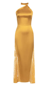 HALTER LACE SATIN MAXI DRESS IN MUSTARD DRESS STYLE OF CB