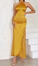 HALTER LACE SATIN MAXI DRESS IN MUSTARD DRESS STYLE OF CB