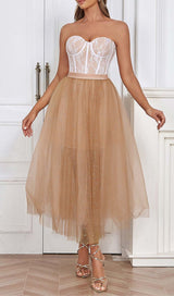 LACE CORSET HEM MIDI DRESS IN BROWN DRESS styleofcb