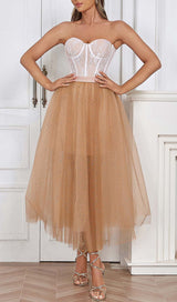 LACE CORSET HEM MIDI DRESS IN BROWN DRESS styleofcb