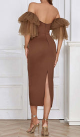 OFF-SHOULDER RUFFLED MIDI DRESS IN BROWN DRESS STYLE OF CB