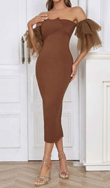 OFF-SHOULDER RUFFLED MIDI DRESS IN BROWN DRESS STYLE OF CB