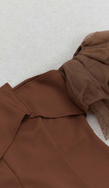 OFF-SHOULDER RUFFLED MIDI DRESS IN BROWN DRESS STYLE OF CB