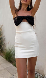OFF-THE-SHOULDER BOW MINI DRESS IN WHITE DRESS STYLE OF CB
