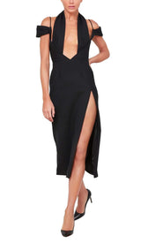 OFF THE SHOULDER HALTER MIDI DRESS IN BLACK DRESS STYLE OF CB