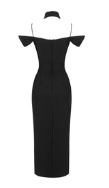 OFF THE SHOULDER HALTER MIDI DRESS IN BLACK DRESS STYLE OF CB