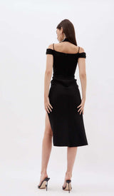 OFF THE SHOULDER HALTER MIDI DRESS IN BLACK DRESS STYLE OF CB