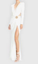 PHENIX BROOCH CUTOUT MAXI DRESS IN WHITE DRESS STYLE OF CB