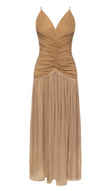 PLEATED STRAPPY MIDI DRESS IN BROWN DRESS STYLE OF CB