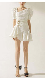 PUFFY SLEEVE BUTTON MINI DRESS IN WHITE DRESS STYLE OF CB