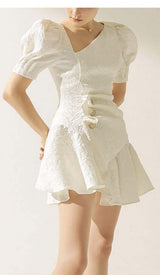 PUFFY SLEEVE BUTTON MINI DRESS IN WHITE DRESS STYLE OF CB