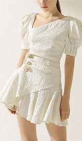 PUFFY SLEEVE BUTTON MINI DRESS IN WHITE DRESS STYLE OF CB