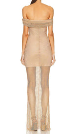 RHINESTONE OFF SHOULDER FISHNET MAXI DRESS IN BROWN DRESS STYLE OF CB