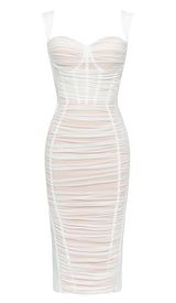RUCHED BUSTIER MESH MIDI DRESS IN WHITE DRESS STYLE OF CB