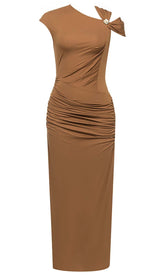 RUCHED SATIN MIDI DRESS IN BROWN DRESS STYLE OF CB