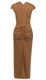 RUCHED SATIN MIDI DRESS IN BROWN DRESS STYLE OF CB