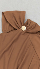 RUCHED SATIN MIDI DRESS IN BROWN DRESS STYLE OF CB