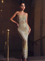 The Glint Gold Ruched Chiffon Long Maxi Dress Dresses Oh CiCi