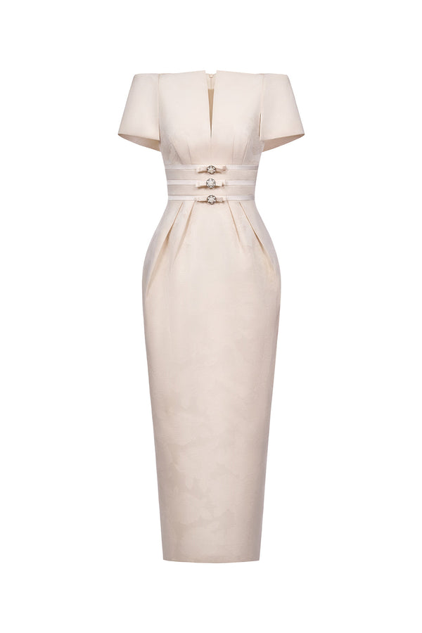 Beatrice Sheath Boat Neck Brocade maxi Dress