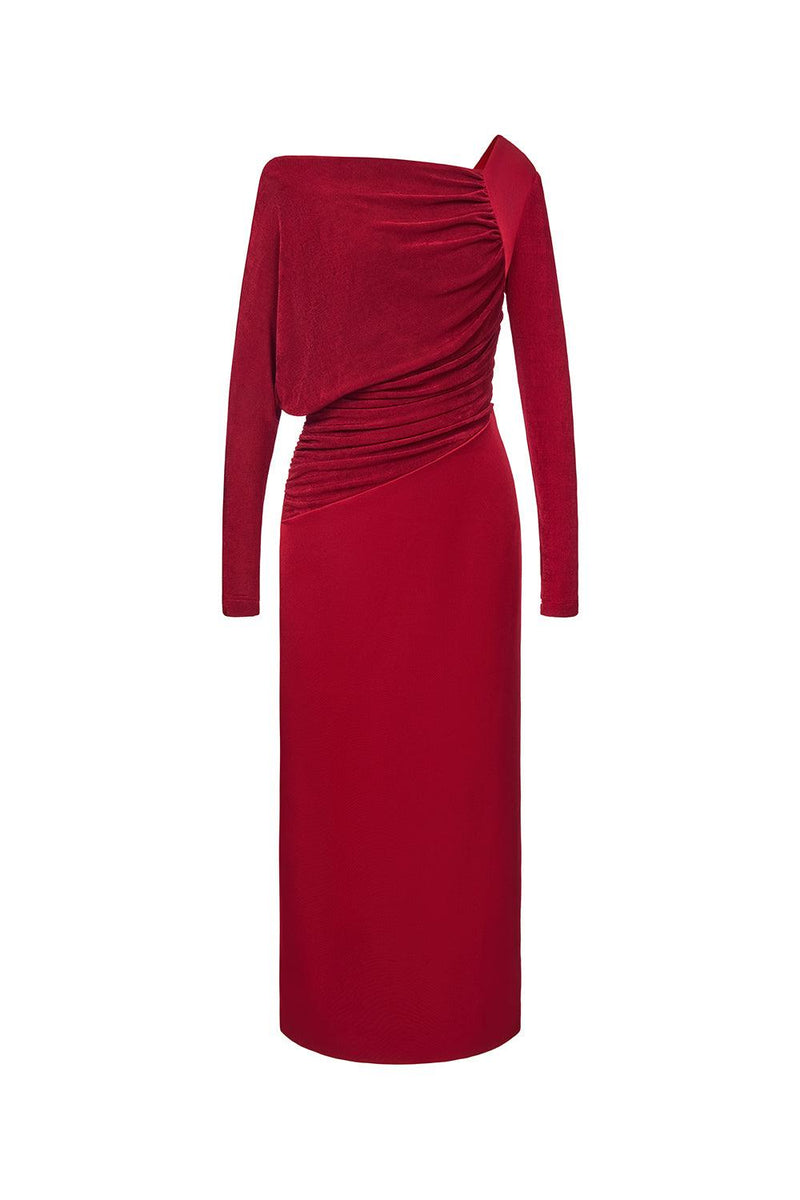 Mirabel A-line Back Slit Taffeta Midi Dress in red
