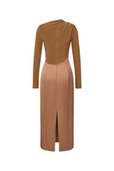 Eleanor Sheath Asymmetric Neck Taffeta Midi Dress in brown