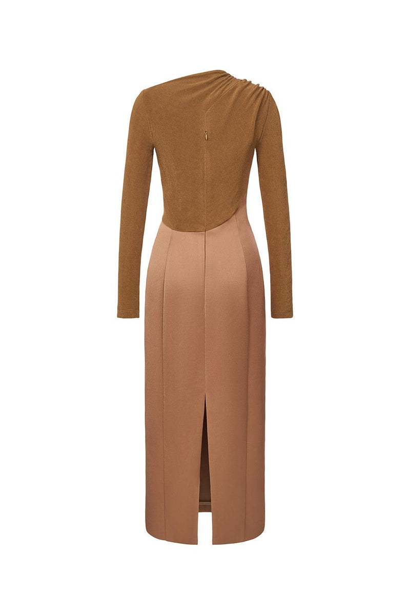 Eleanor Sheath Asymmetric Neck Taffeta Midi Dress in brown