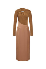 Eleanor Sheath Asymmetric Neck Taffeta Midi Dress in brown