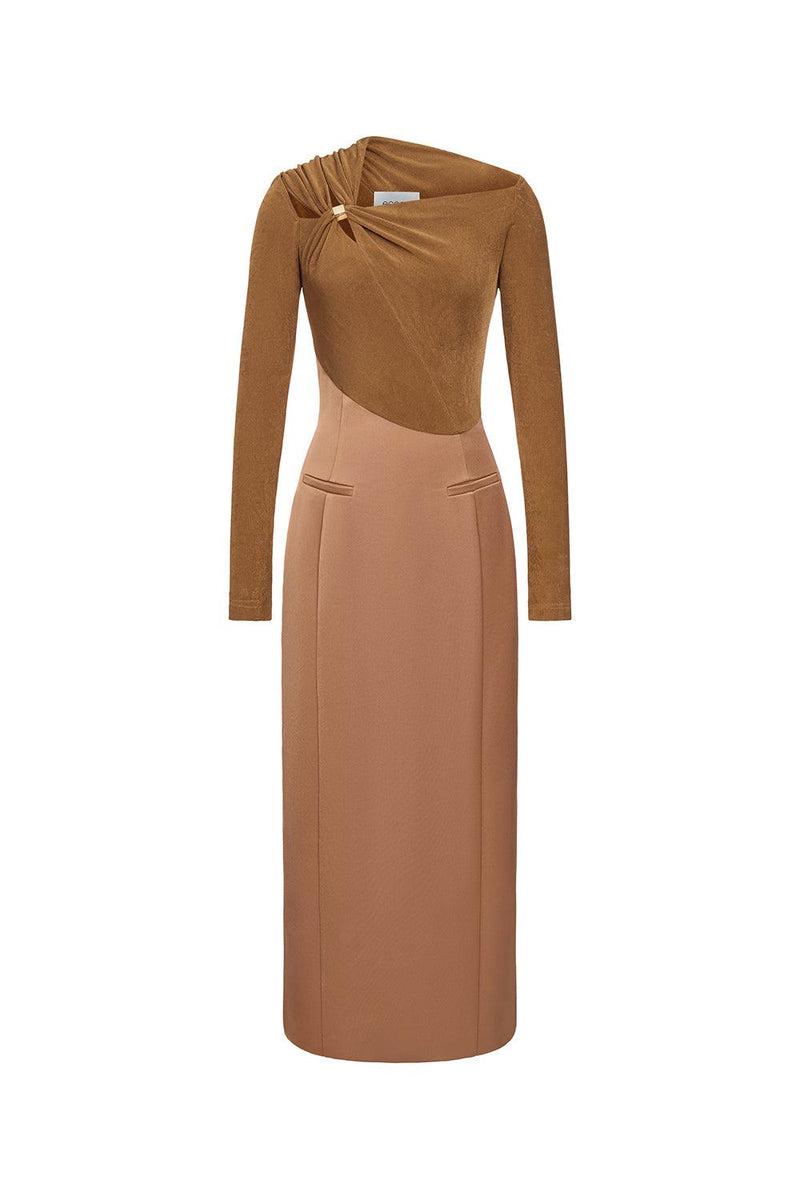 Eleanor Sheath Asymmetric Neck Taffeta Midi Dress in brown