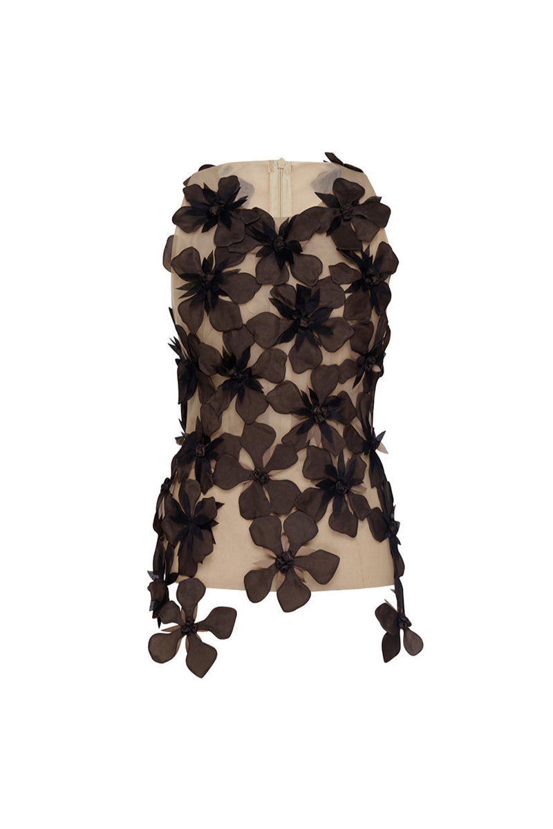 Moyer Bodycon Flower Applique Tulle Top in black